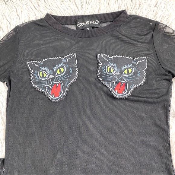 Dolls Kill Sheer Mesh Spooky Cat Patch Goth Long Sleeve Shirt EUC - Picture 4 of 11